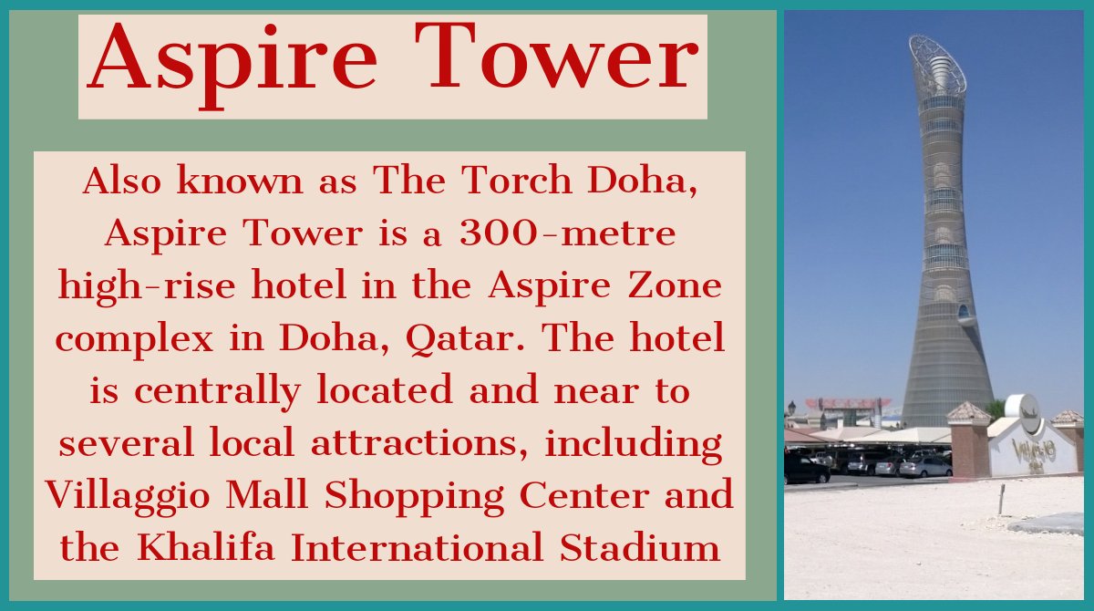 BlogSurveyor's tweet photo. Also known as The Torch Doha, Aspire Tower is a 300-metre high-rise hotel in the Aspire Zone complex in Doha, Qatar. The hotel is centrally located and near to several local attractions, including Villaggio Mall Shopping Center and the Khalifa International Stadium https://t.co/RJJtQ4j6S7