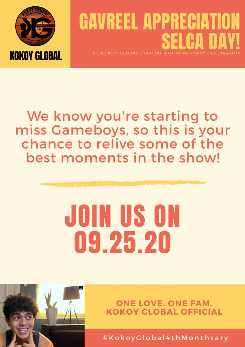 kokoy_global's tweet photo. September 25 is GAVREEL APPRECIATION SELCA DAY!

Help us mark Kokoy Global Official's 4th monthsary on September 25 by celebrating the Gameboys character Gavreel, played masterfully by the one and only Kokoy De Santos. @kkydsnts 

#KokoyGlobal4thMonthsary https://t.co/8f678LSriZ