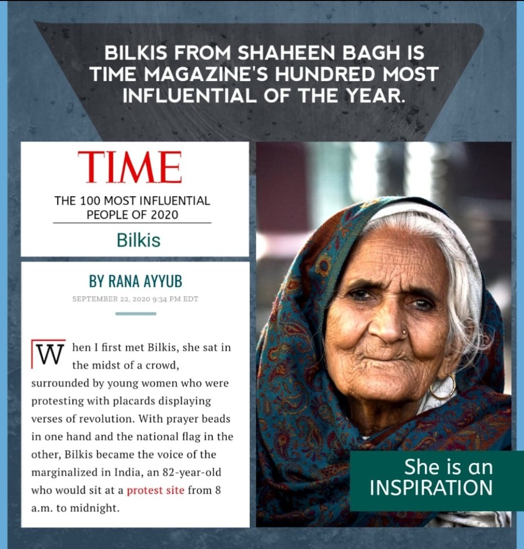 MDTayyab_Zafar's tweet photo. Dadi Bilkis is on @TIME's list of the 100 most influential people of 2020

Shaheen Bagh ki Dadi, the 82-year-old who sat in protest from 8am to midnight against #CAA.

Writes @RanaAyyub

#ShaheenBagh #Bilkis
#TIME100
@shaheenBaghAbad @Shaheenbag #ShaheenBagh #BilkisDadi https://t.co/CKh8cP5S6E