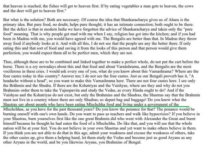 You are lying AGAIN.Vivekananda spoke these words in US in 1894. Naturally he couldn't have said anything else in a foreign country.Three years later in his native Calcutta, he himself uses the "Mleccha" word & condemns those people "eat with Mlecchas" https://twitter.com/HindolSengupta/status/1308703460603228160