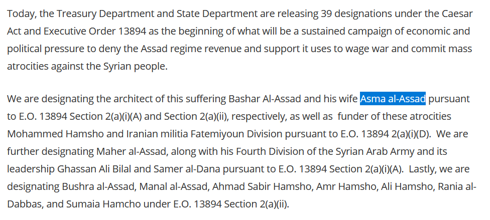 En 2020, la nouvelle  #CaesarAct (Loi César) vient ajouter Asma al-Assad sur sa liste des sanctions US mais également tous ceux qui travaillent avec le régime  #syrie-n https://www.state.gov/syria-caesar-act-designations/