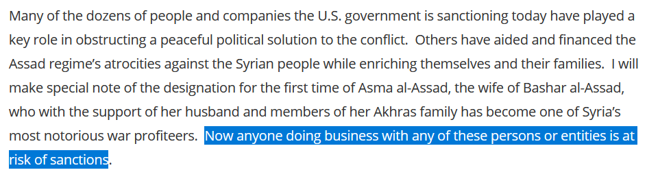 En 2020, la nouvelle  #CaesarAct (Loi César) vient ajouter Asma al-Assad sur sa liste des sanctions US mais également tous ceux qui travaillent avec le régime  #syrie-n https://www.state.gov/syria-caesar-act-designations/