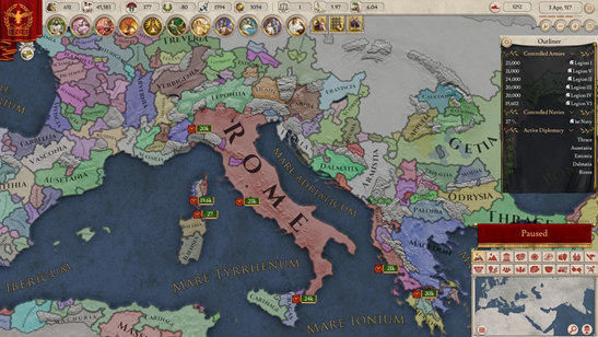 Imperator: Rome Starting as a Republic in 304 BC, Rome has the following traits: +5% manpower recovery, +0.10 integration recovery (for integrating vassals into your state), -5% morale of navies. A sketch is formed: land-based, populous, and expansionist.