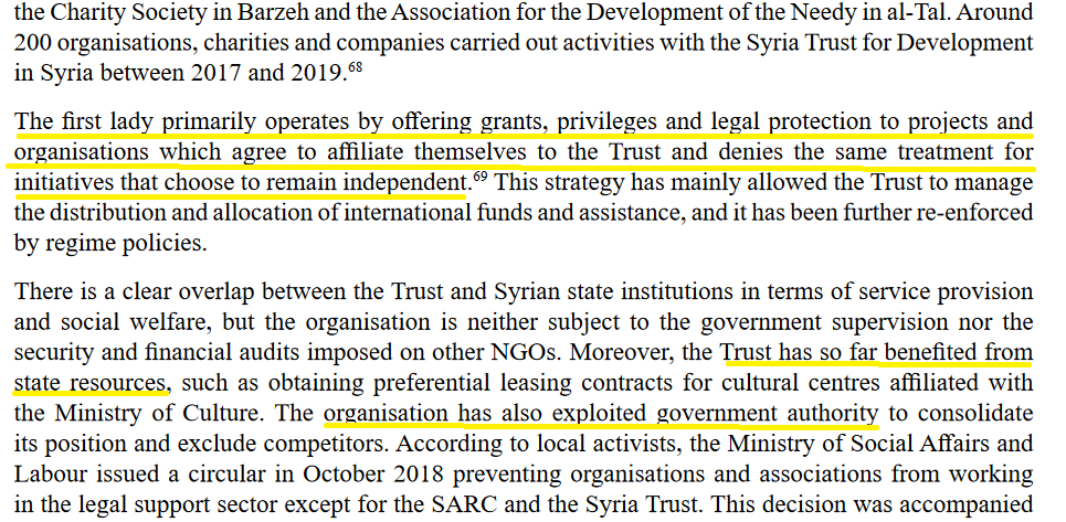 Asma al Assad = “la plus grande profiteuse de la guerre” (dixit M.Pompeo)Son “Syria Trust Development”= la plus grosse ONG du pays, profitant des ressources de l’Etat et écartant les autres orga. qui refusent de s’y affilier(cf rapport  @MEDirections) https://cadmus.eui.eu/bitstream/handle/1814/67370/RSCAS_RPR_2020_09.pdf?sequence=1&isAllowed=y