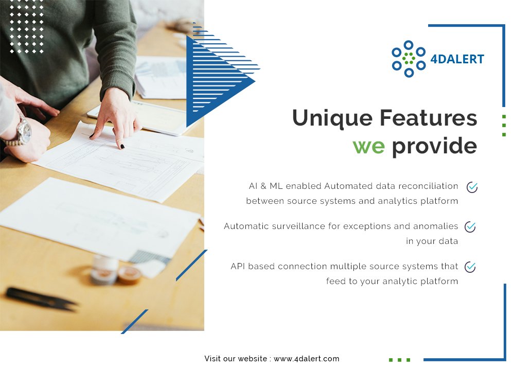 4DAlert's tweet image. Unique features we provide

- AI and ML enabled Automated data reconciliation between source systems and analytics platform
- Automatic surveillance for exceptions and anomalies in your data.

#datareconciliation #dataanomaly

Get details at 4dalert.com/reconcile-data…