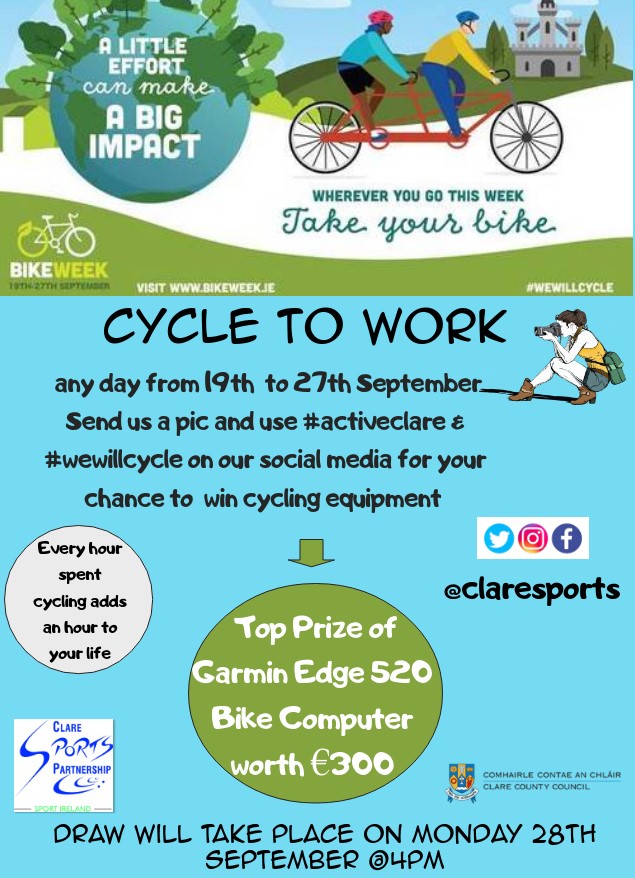 ClareCoCo's tweet photo. Take part in Bike Week by cycling to work any day this week. Send a picture to @Claresports using #activeclare and #wewillcycle on @Claresports social media to be in with a chance to win cycling equipment. https://t.co/YTaxv1idQs