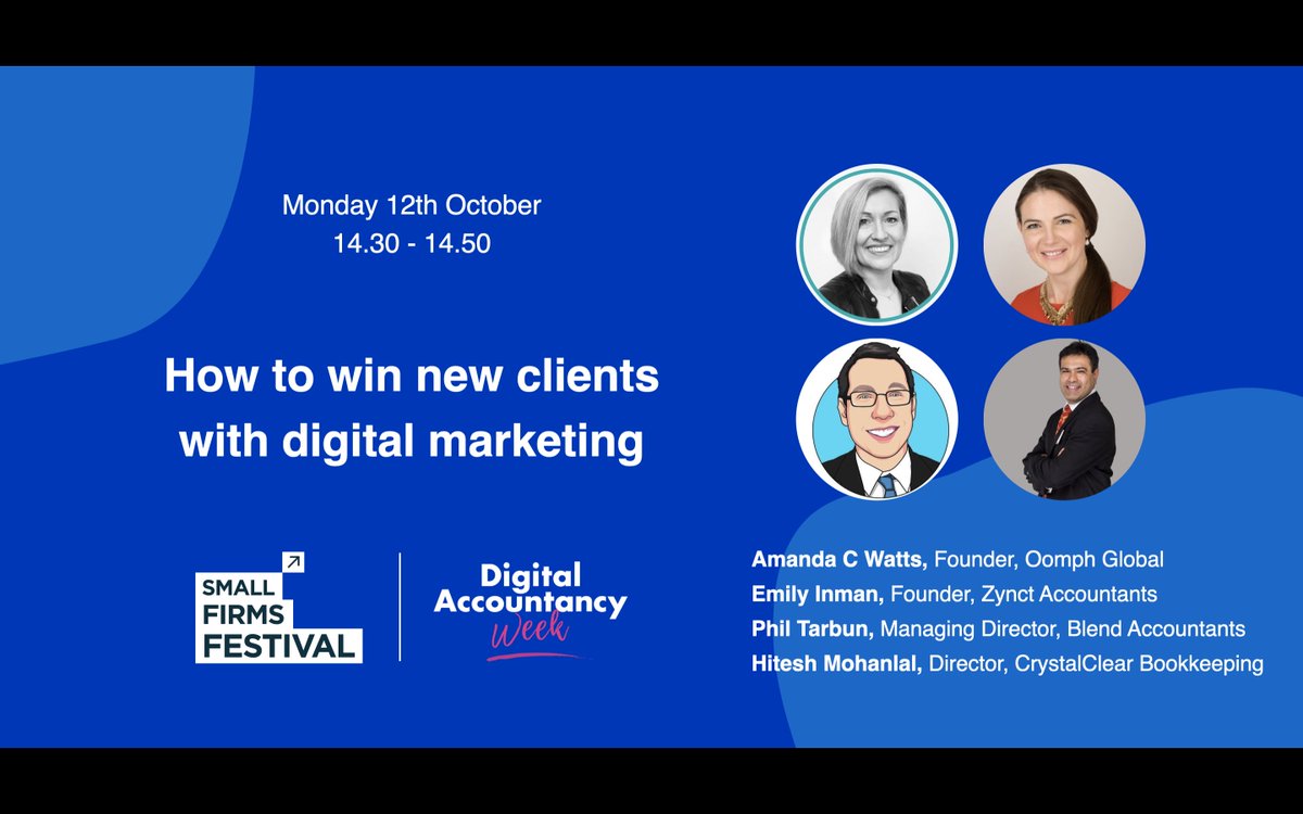 #Accountants, want to learn how to win new clients using #digitalmarketing? 

Join <a href="/AmandaCWatts/">Amanda C. Watts</a> <a href="/Emily_Zynct/">Emily Inman</a> @PhilTarbun and <a href="/clear_llc/">Crystal Clear Bookkeeping LLC</a> for this session on the #smallfirmsfestival as part of the #digitalaccountancyweek next month.

Book your place here digitalaccountancyweek.com/small-firms-fe…