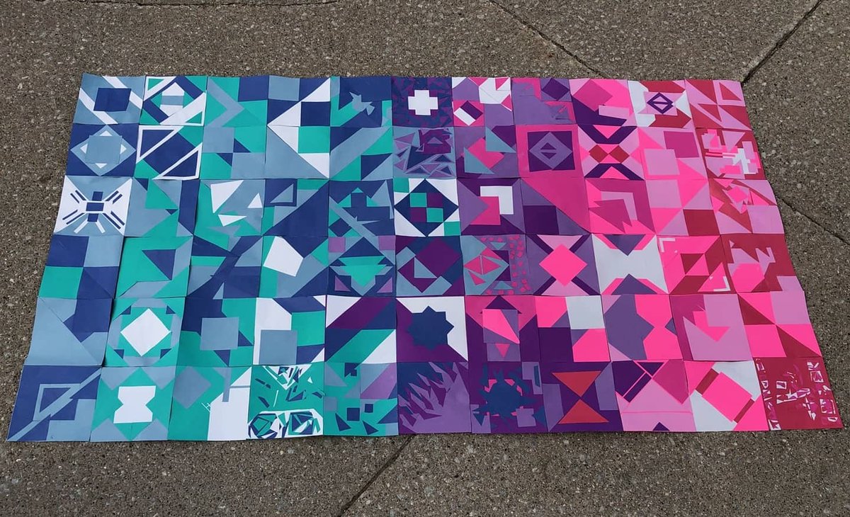"#TogetherApart" in 2 cohorts, gr 9/10 artists still collaborate! Created a design inspired by amazing Canadian textile artist @LibsElliott to explore art principles of balance &amp; unity through the use of shape, space &amp; colour. #arteducationmatters #quiltdesign 
#CanadianArtists
