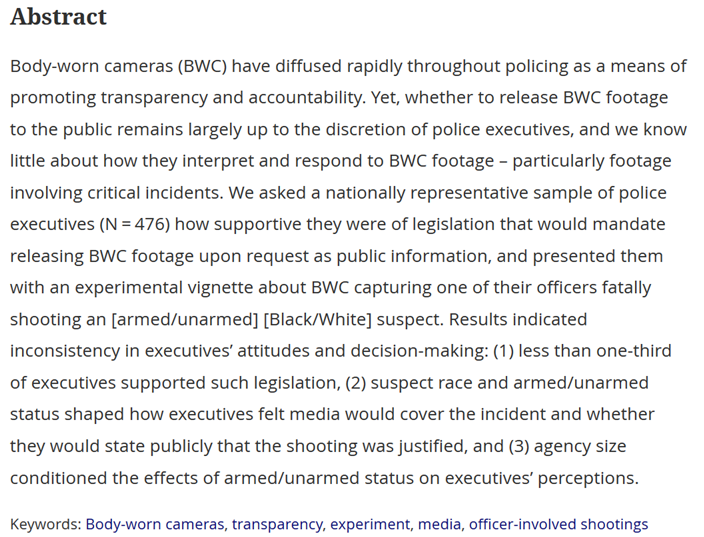 gmhales's tweet image. 'Body-Worn Cameras and Transparency: Experimental Evidence of Inconsistency in Police Executive Decision-Making' 

US research that may have some relevance to current UK debates about releasing #bodywornvideo footage (v different legal context of course) 

tandfonline.com/doi/full/10.10…