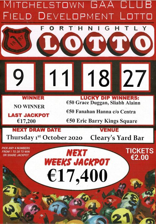 GaaMitchelstown's tweet photo. If you're not in you can't win 😃
Lotto Returns - Jackpot €17400 - Play Online
We are delighted to announce the return of our club lotto with the draw on the 1st Oct. You can buy tickets from local outlets or sellers and you can now also play online @ https://t.co/8O6yPvV35l https://t.co/zLNyGYS4KF