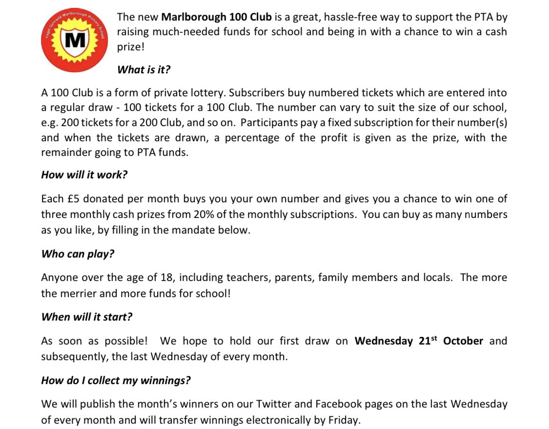 Our first initiative of this school year we’re launching a Marlborough 100 club, a snippet of info below but check your emails to join us in raising funds in a low impact and hassle free way <a href="/marlboroughpri/">Marlborough Primary</a> <a href="/MPS_Governors/">MPS Governors</a>
