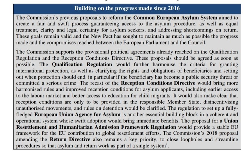 Main points in today's EU migration and asylum package.Not everything is new - the Commission is reverting back to its prior proposals on qualification of refugees, reception of asylum seekers, resettlement of refugees, the EU asylum agency, and return of irregular migrants