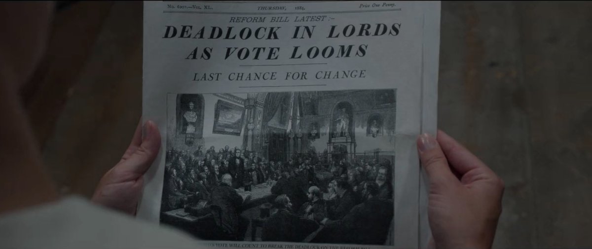 Unlike morning papers, the Pall Mall Gazette also made sparing use of simple images — though not on the front page like the prop in the film. Detailed front-page images like this were chiefly limited to weekly newspapers (who had longer to produce them as a result).