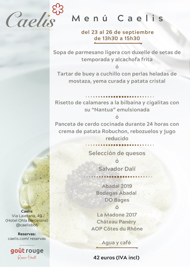 Menu Caelis de esta semana, desde hoy y hasta el sábado, los mediodías.
Jueves 24 sept, día de la Mercè, también disponible. 
Suma a nuestros 3 menús degustación 
( uno es #vegetariano )
#estrellaMichelin