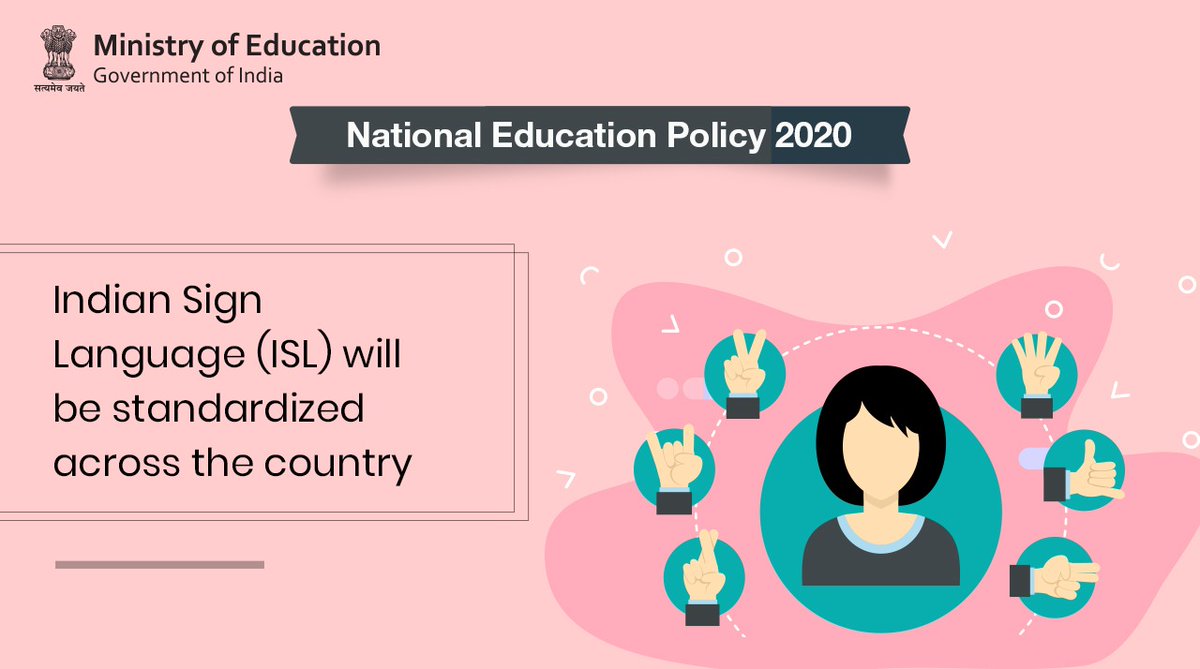 EduMinOfIndia's tweet image. International Day of Sign Languages
Under #NEP, #IndianSignLanguage will be standardised across India. Further, National &amp;amp; State curriculum materials will be developed for students with hearing impairment &amp;amp; local sign languages will be taught, where possible. #AccessibleIndia