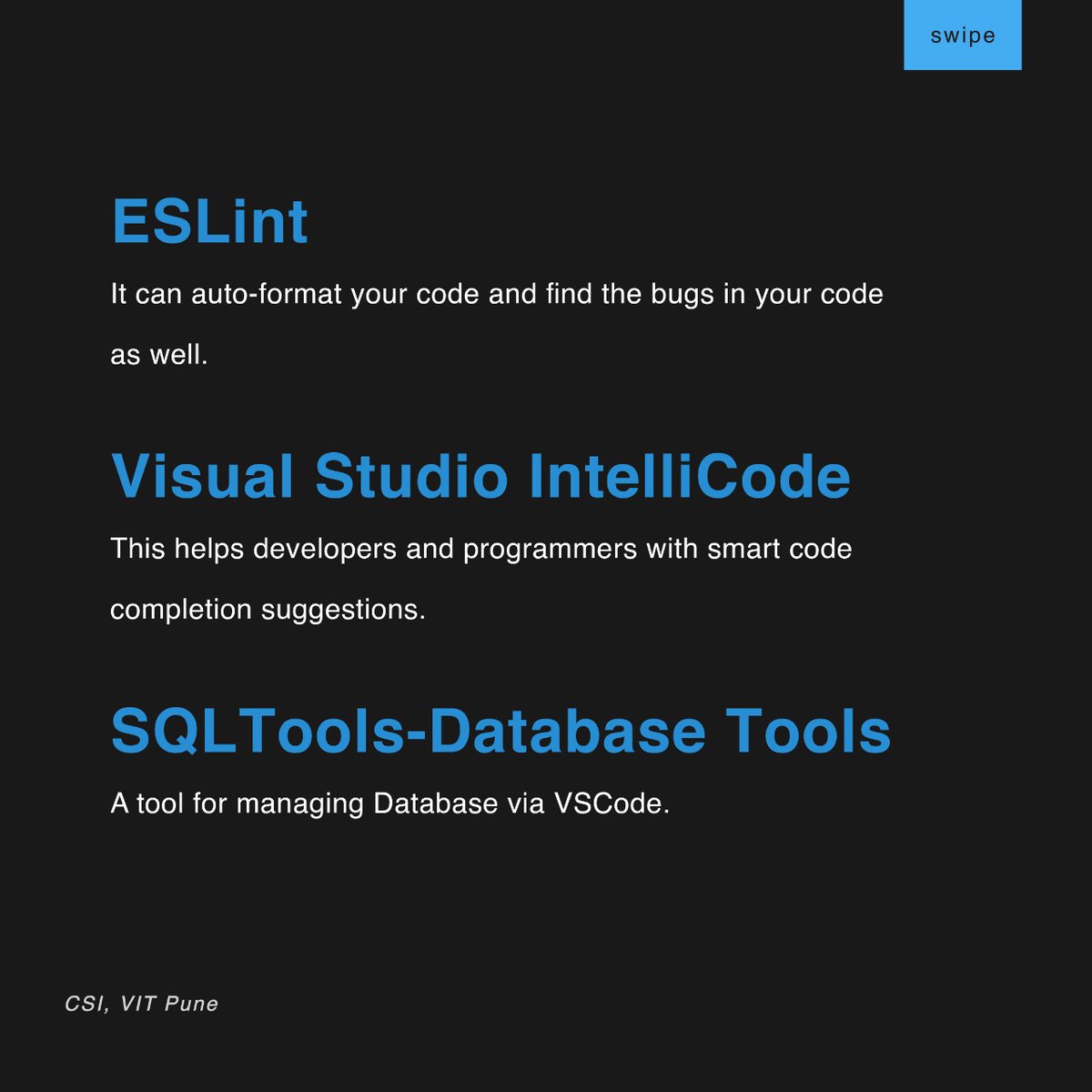csi_vitpune's tweet photo. The most popular, powerful, free code editor extension with integrated tools to easily deploy your code.
You might be using VS Code for developing projects everyday but,we have got to tell you something exciting which you haven't explored yet #vscode #developer #CS #IT#vit #pune https://t.co/NHL3yFzyXU