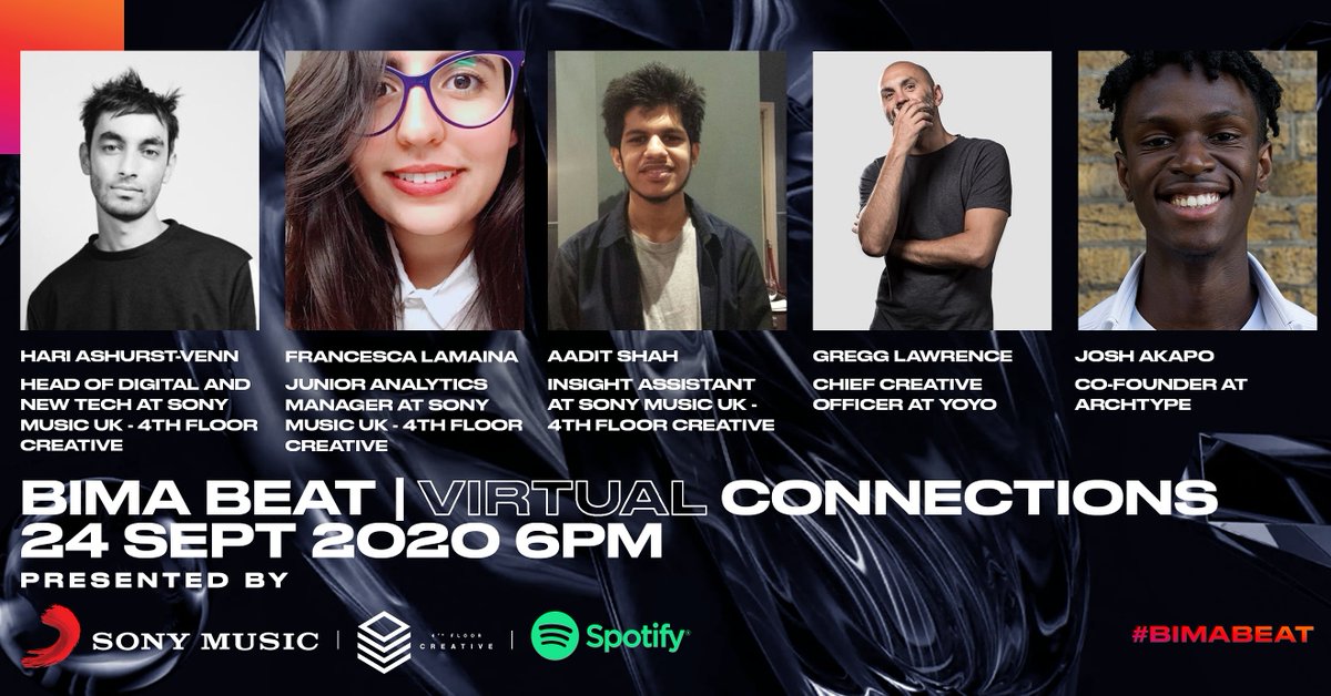 Tomorrow [24th September] at 6pm, our co-founder @jalekapo joins @yoyodesign and @SonyMusicUK's 4th Floor Creative on the panel of @BIMA Beat. 

The theme: Virtual Connections.

Sign up here: bit.ly/33O9zcm ✅