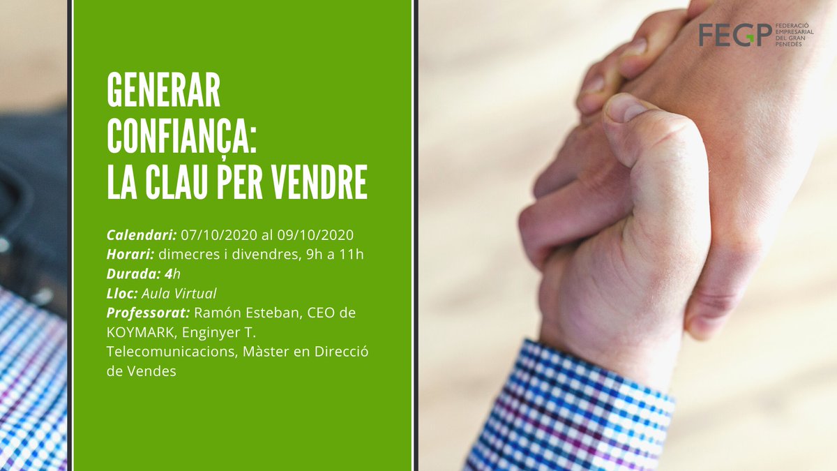 FEGP_Formacio's tweet photo. ✔️És important generar confiança perquè els clients estiguin satisfets. Amb aquest curs podràs aprendre  aspectes clau perquè el tracte funcioni. Curs de dues sessions de 2h el 7 i 9 d'octubre. Consulta tota la informació: https://t.co/KFjDnJafm2 #formacio #formacioonline… https://t.co/L3FZYDymak