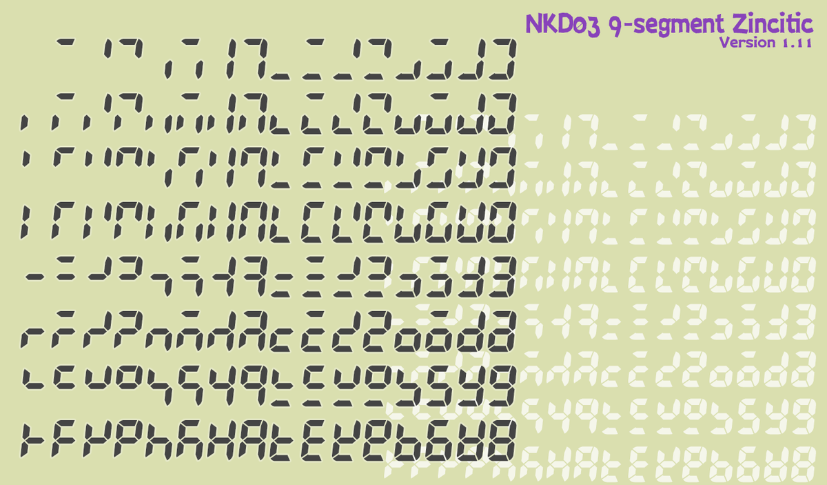 うみほたる 9セグメントのフォントは細字から太字まで8種のウェイトを用意し 数字や基本的なラテンアルファベットを収録 14セグメントはウェイト1種類で 加えてギリシア文字やキリル文字 雑多な記号などにも対応