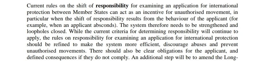 Some proposed changes to the core Dublin rules on responsibility for asylum seekers. Family unity rules still apply. New rule if the asylum seeker has a diploma from a Member State! Longer responsibility if asylum seeker crosses border irregularly; explicitly applies to rescue.