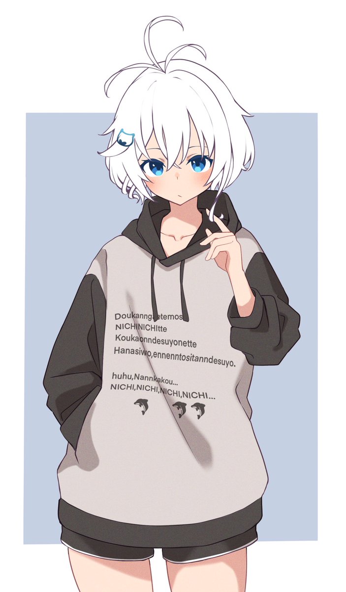 1girl solo hoodie blue eyes hood white hair shorts  illustration images