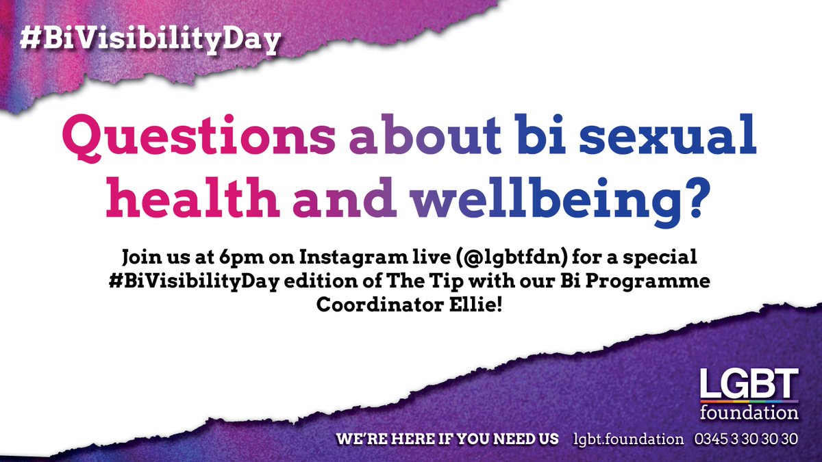 LGBTfdn's tweet photo. Questions about bi sexual health and wellbeing?

Join us at 6pm on Instagram live for a special #BiVisibilityDay edition of The Tip with our Bi Programme Coordinator Ellie!

https://t.co/VtelEQeAsz https://t.co/RHHEw4f4TE