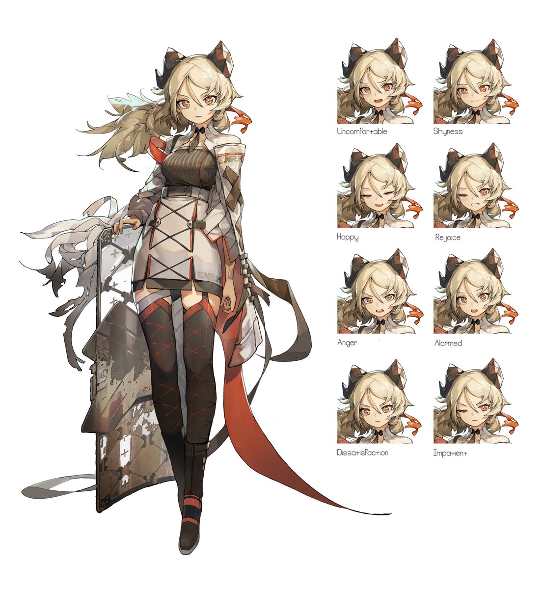ifrit (arknights) 1girl expressions horns white background blonde hair thighhighs smile  illustration images