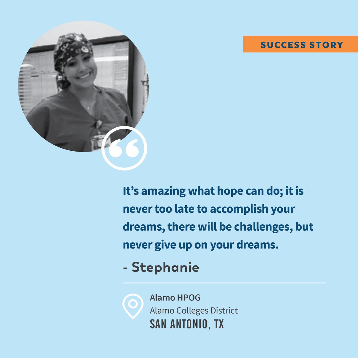 HPOGProgram's tweet photo. Stephanie was struggling at a low wage job when she found the @HpogAlamo program. Just 4 months after enrolling, she landed a job as a #SurgicalAide at @childrenshospsa & is working on additional certifications. https://t.co/E0mznXHjRZ #NSTW2020 #HHM https://t.co/an7W9ova3A