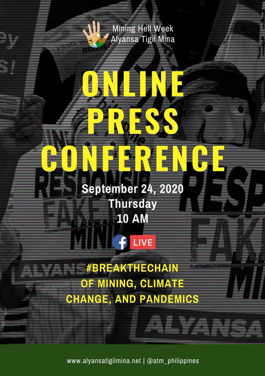 atm_philippines's tweet photo. CATCH US LIVE! Join ATM, partner organizations and communities on the launch of Mining Hell Week, September 24, 2020 at 10 AM. Tune in to ➡️ https://t.co/Vxec2JLz8B #BreakTheChain #NoToMiningPH https://t.co/VhrJbJladN