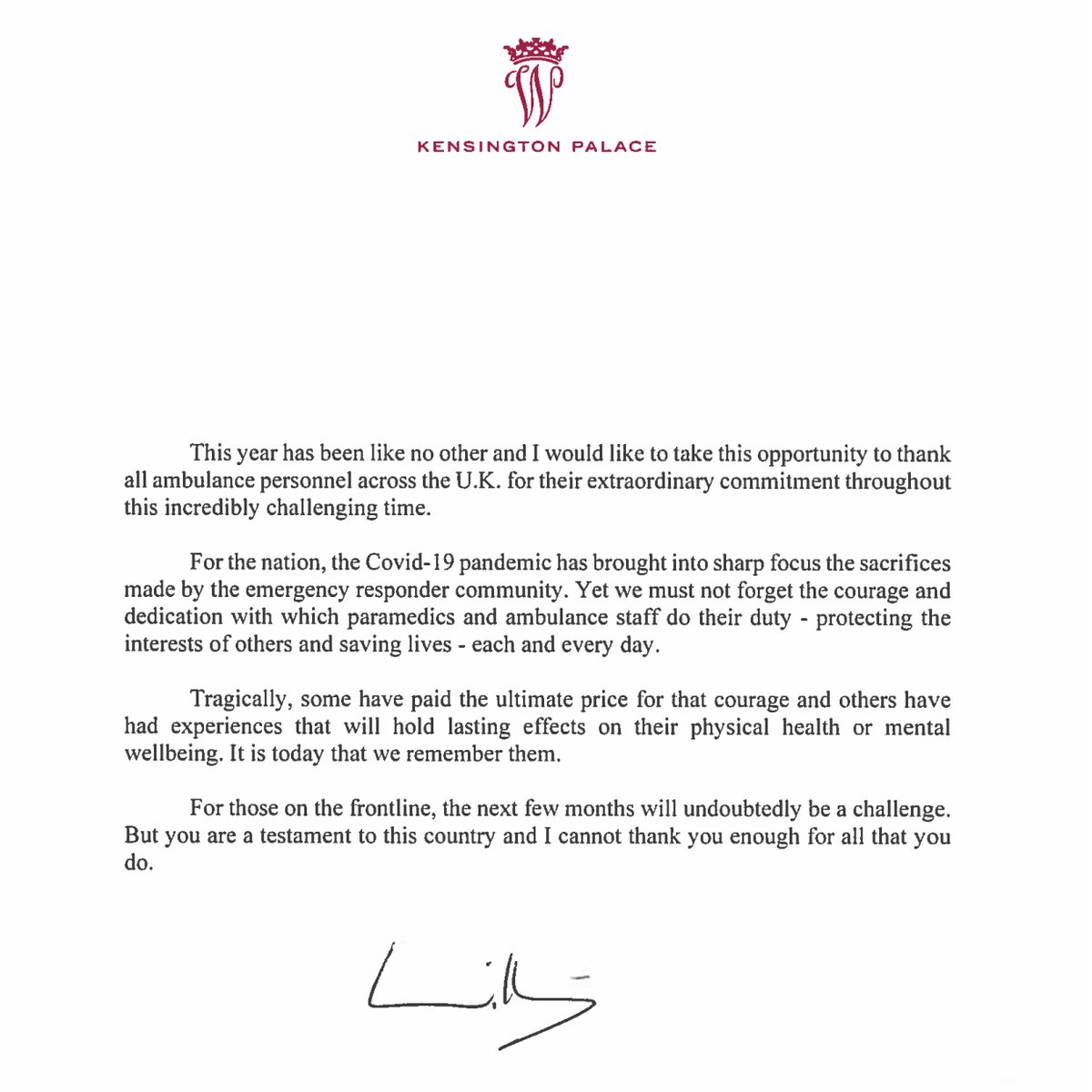 TASCharity's tweet photo. To accompany our National Ambulance Service video HRH The Duke of Cambridge @KensingtonRoyal has written a letter of support recognising the work and sacrifices made by the Ambulance Community in these difficult times. View the video here - https://t.co/5s0c49Tz56 https://t.co/Xrf33hdj1Y