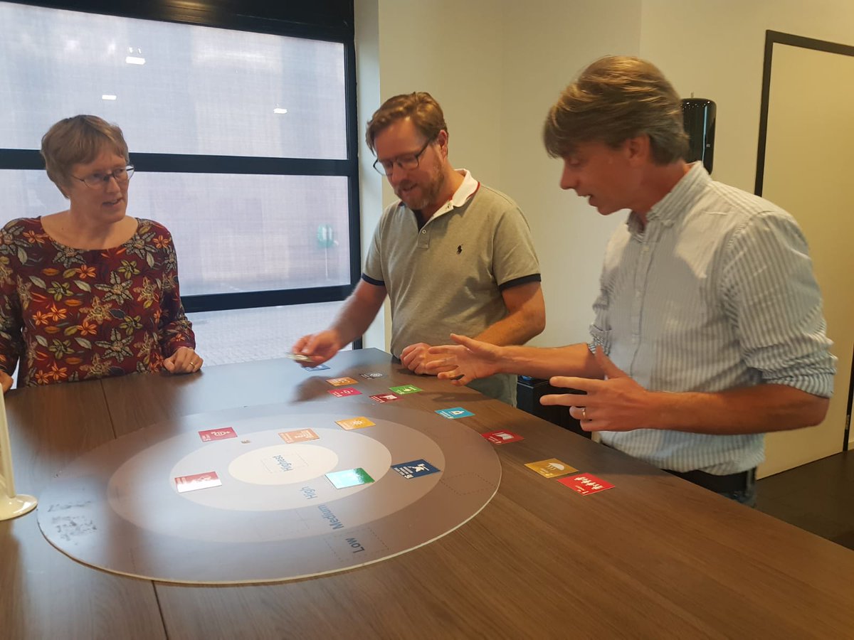 Deze maand weer 2 workshops #SDGs voor <a href="/TheNewBuilders/">The New Builders</a>: "Op welke SDGs kan The New Builders het meest positieve impact maken?". De verschillende visies van de groepsleden leverden interessante gesprekken op: waarom legt de één SDG 3 in het midden, en de ander 11 of 17?
