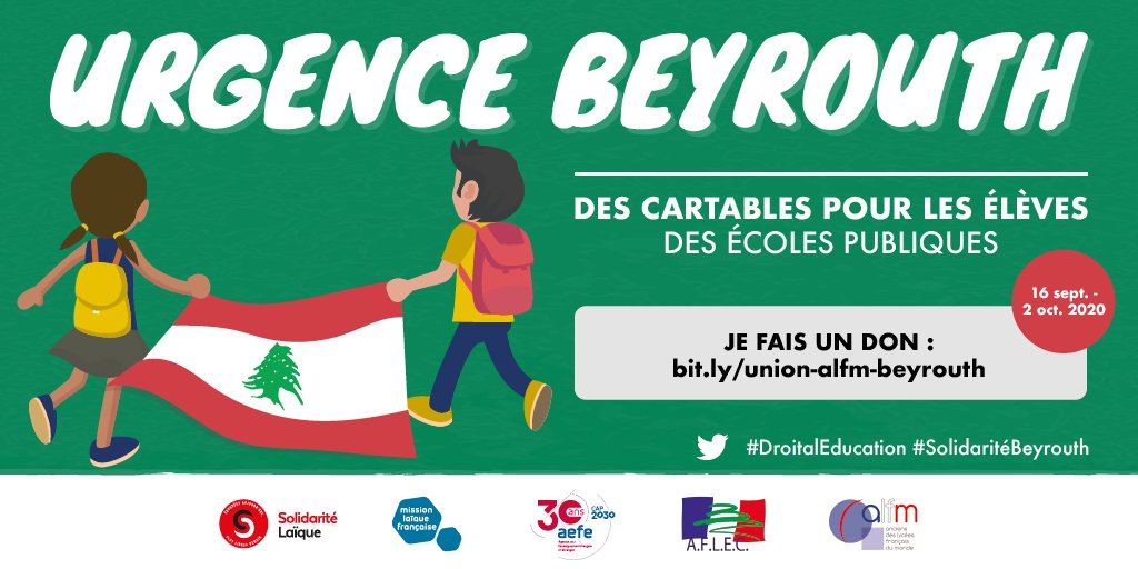 ALFM_monde's tweet photo. Anciens élèves des #lycées #français du #monde, soutenez le retour à l'école publique de 20 000 enfants de 6 à 11 ans au Liban, à #Beyrouth.❤️chaque don compte❤️ https://t.co/ajjwbOKspp #DroitalEducation #SolidaritéBeyrouth #ALFM @mlfmonde @aefeinfo @SolidLaique @ReseauAFLEC https://t.co/Qcd6yaw1gf