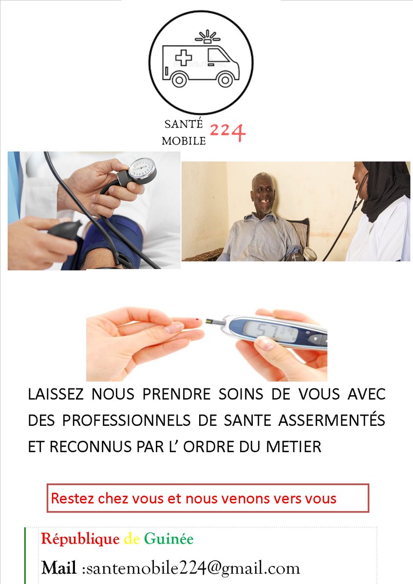 Pour vos soins à domicile contacter le @666042001 nous mettons à votre disposition un professionnel qualifié et reconnu par l'ordre du metier. Fini donc avec les difficultés de déplacement pour vos soins.
#Pour avoir le plan tarifaire contacter par santemobile224@gmail.com