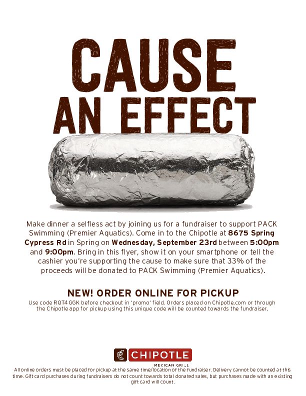 packswimming's tweet photo. Don't worry about dinner tonight.  Come out to Chipotle between 5-9pm and support PACK Swimming.  Please show the flyer when you order or use the online promo code RQT4GGK when ordering via their app.
Location - 8675 Spring Cypress Rd, Spring, TX 77379-3132 https://t.co/QaltqXTEa4