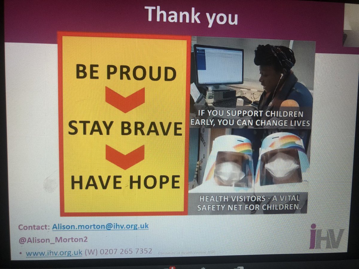 Fantastic and inspirational talk @Alison_Morton2 @iHealthVisiting #iHVEvidence2020 #healthvisitors change lives: Be proud. Stay brave. Have hope 🙌🏽