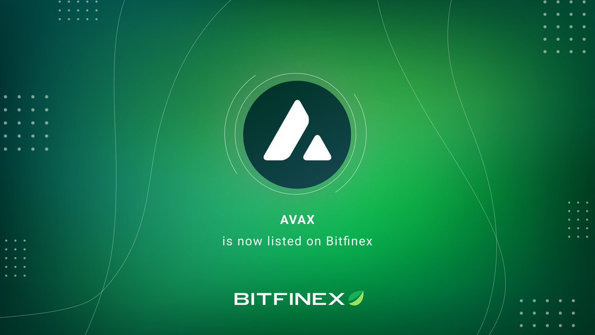Avalanche (AVAX) is now listed on Bitfinex! Trading and withdrawals of $AVAX  is now available on Bitfinex trading platform. @avalancheavax can be traded  with US Dollars (AVAX/USD) and Tether (AVAX/USDt).