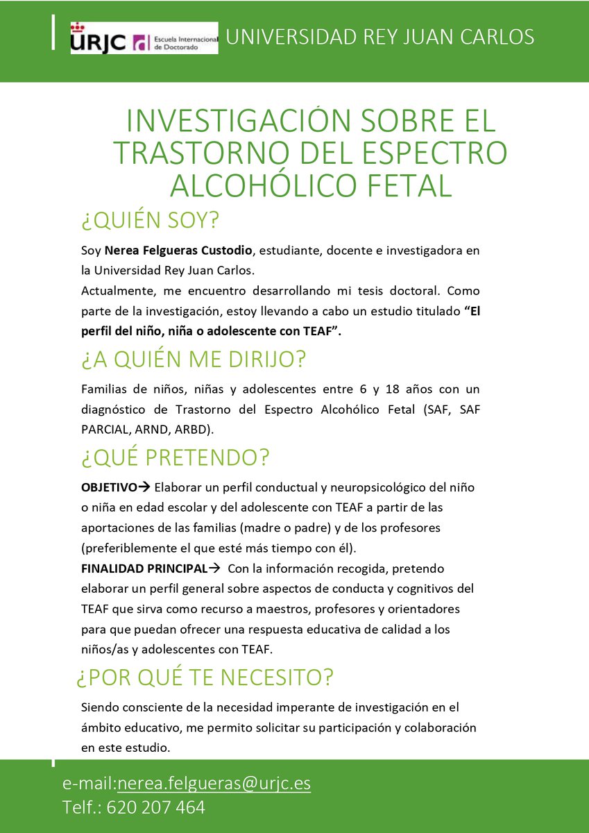FelguerasN's tweet photo. MÁXIMA DIFUSIÓN, POR FAVOR❗️❗️
Llamamiento a familias y docentes para que colaboren en el estudio de investigación "PERFIL DEL NIÑO CON TEAF".
Contacto:
📧 nerea.felgueras@urjc.es
#TEAF #FASD #ndpae #urjc #investigación #mundozerosaf #advesidadtemprana https://t.co/l56uWY7Uo6