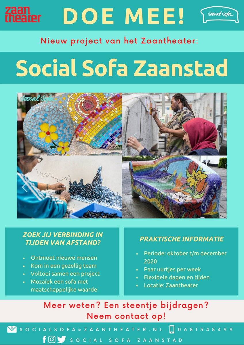 socialsofazaan1's tweet photo. Zoek jij de verbinding in tijden van afstand?
Doe mee met een nieuw project vh @Zaantheater @GemZaanstad!

Draag je steentje bij en mozaïek in een gezellig team samen een @SocialSofa 😍
In de flyer meer info over het project dat 1 oktober van start gaat!
@DeOrkaan 
@NHDZaanstreek https://t.co/h6wnhClg0N