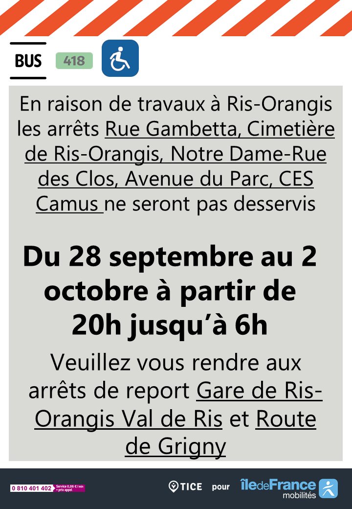 EvryEss_IDFM's tweet image. ⚠️🚌Des travaux sont prévus à #RisOrangis à partir du 28/09/2020 Les lignes #bus407 et #bus418 seront perturbées