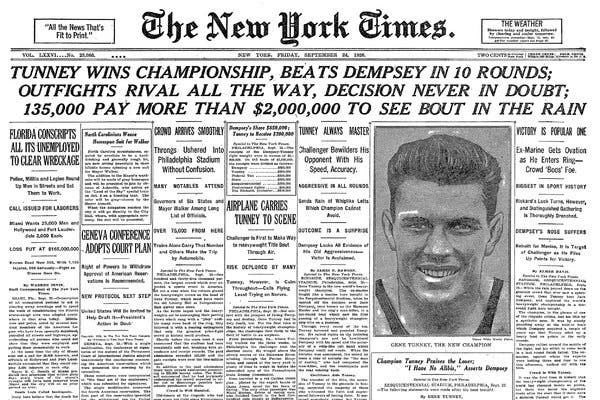 The_Cornermen's tweet photo. #OnThisDay in 1926 the “upset of the decade” happened in #Philadelphia in front of 120,000 spectators as Gene Tunney beats the infamous Jack Dempsey in 10 rounds via unanimous decision #History #boxing #dempsey #champion #newspapermornings #upset #ShockTheWorld https://t.co/vESJgDrXSH