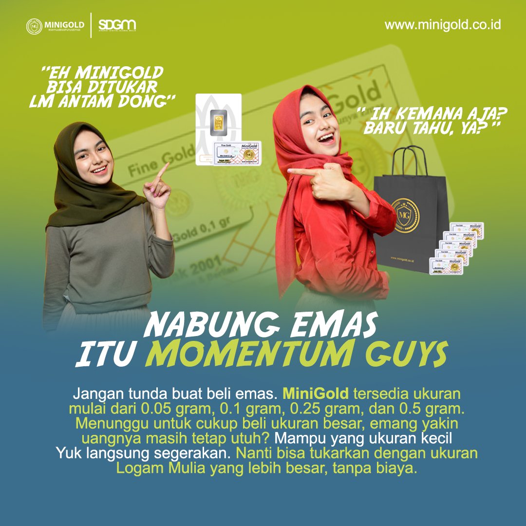 MiniGoldID's tweet photo. Menunggu untuk cukup beli ukuran besar, emang yakin uangnya masih tetap utuh? Mampu ukuran kecil. Yuk langsung segerakan. Nanti bisa tukarkan dengan ukuran Logam Mulia yang lebih besar, tanpa biaya. Tukarkan di jaringan dealer dan distributor resmi MiniGold di seluruh Indonesia. https://t.co/Mvf6K5bmhz
