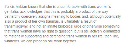 You can have genital preferences as long as you agree to be redefined from a same-sex attracted person to a morally deficient (even white supremacist!) person who is supposed to be attracted to gender identity but has shameful hang-ups.