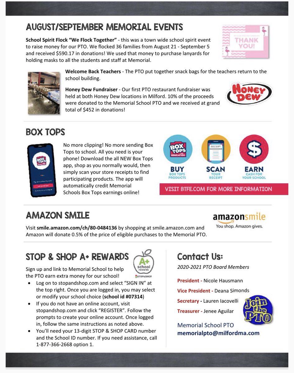 Here is our September Newsletter!  As always please contact us memorialpto@milfordma.com with any questions or if you would like to join us as a volunteer