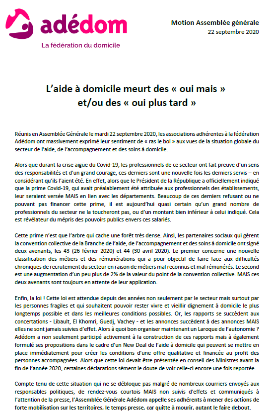 FedeAdedom's tweet photo. Motion @FedeAdedom suite à son Assemblée Générale
📢 "L’aide à domicile meurt des « oui mais » et/ou des « oui plus tard »"
Lire la motion ➡️https://t.co/lLdU2mT79p https://t.co/lS6BxlNwsM
