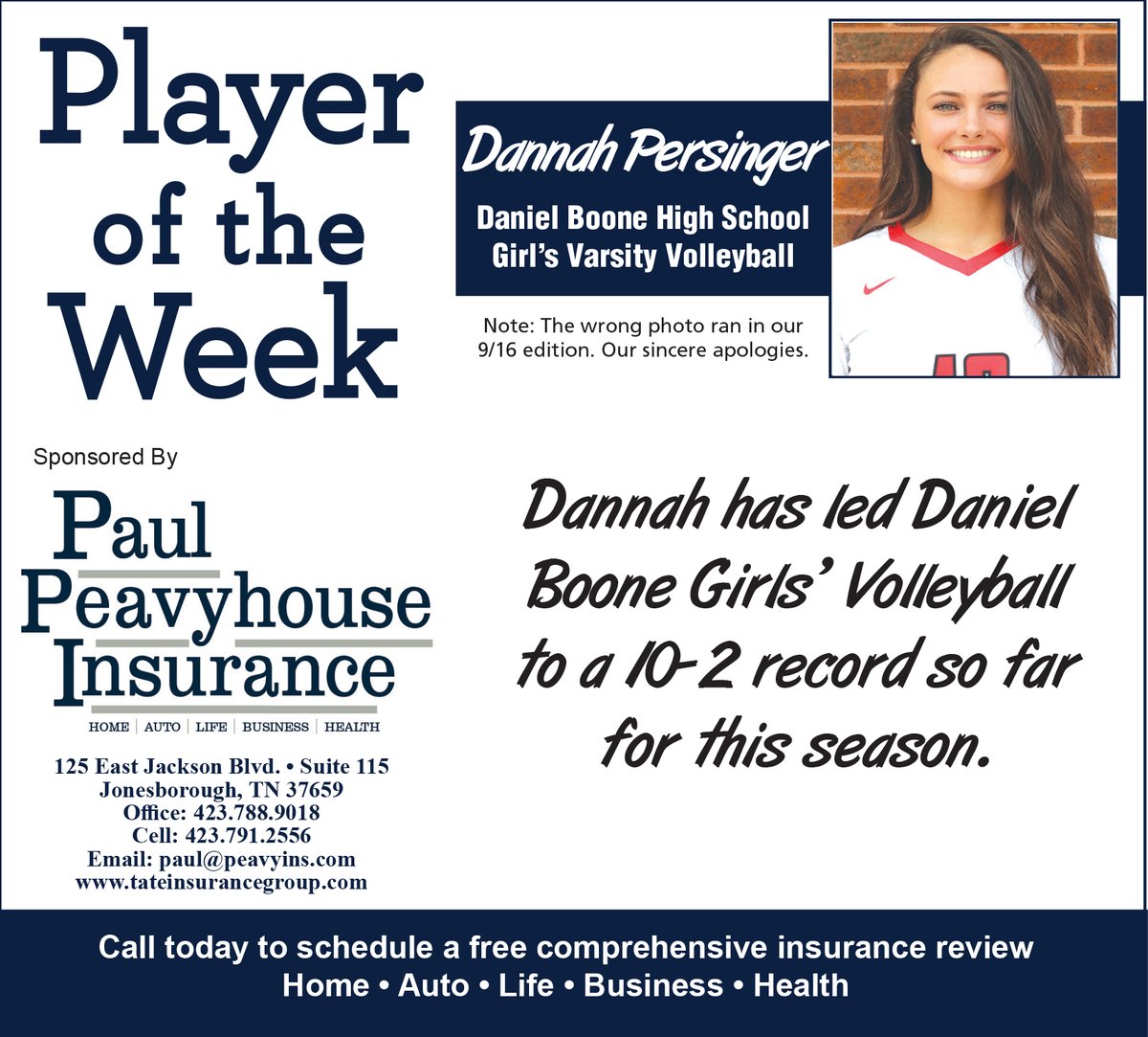 Our recent Paul Peavyhouse Insurance Player of the Week is Dannah Persinger. Dannah has helped bring Boone Volleyball to victory throughout the season. 💪🏐🥇