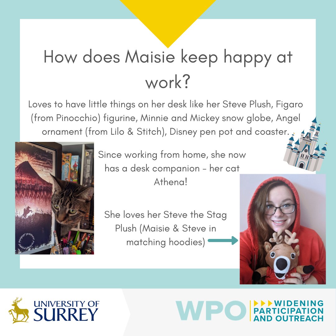 SurreyOutreach's tweet photo. It's #WellbeingWednesday & #WeekOfHappinessAtWork! To celebrate we've collated just some of the things that make our team #happy at work! Thanks to Joe, Emily, Maisie & Najaah for sharing with us.
#SurreyWPOatHome #LoveWhatYouDo #MakeHappiness @UniOfSurrey @HEONpartnership https://t.co/AKbfWyT2R0