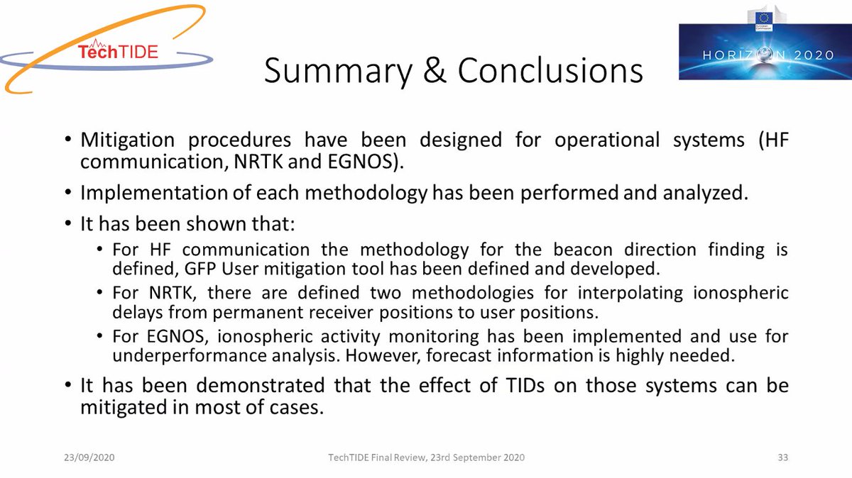 The activity under Mitigation Technologies of <a href="/Tech_TIDE/">TechTIDE Project</a> showed a Mitigation Interface Network setup for HF Comms, MSTID mitigation techniques for NRTK services, and <a href="/EGNOSPortal/">🇪🇺 EGNOS Portal</a> mitigation approach. It has been demonstrated that the effects TIDs on toses systems can be mitigated