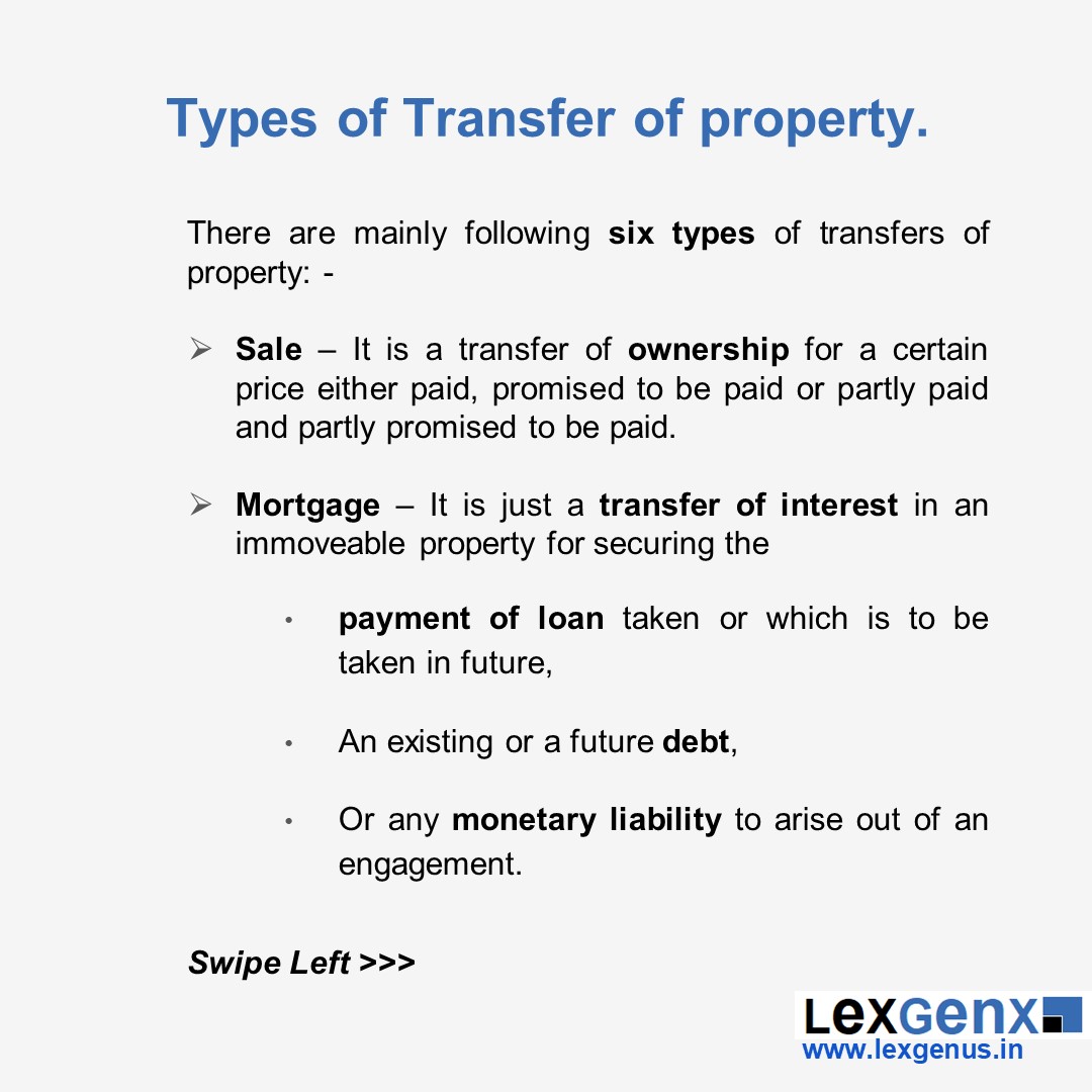 LexGenX's tweet photo. Ways in which a property can be transfered..
.
.
.
#lexgenx #legal #lexgenus #law #tansfer #transferofproperty #transferofpropertyact #transferofpropertyact1882 #mortgage #sale #lease #gift #exchange #actionableclaim #typesoftransfer https://t.co/U7RVB9Iod1