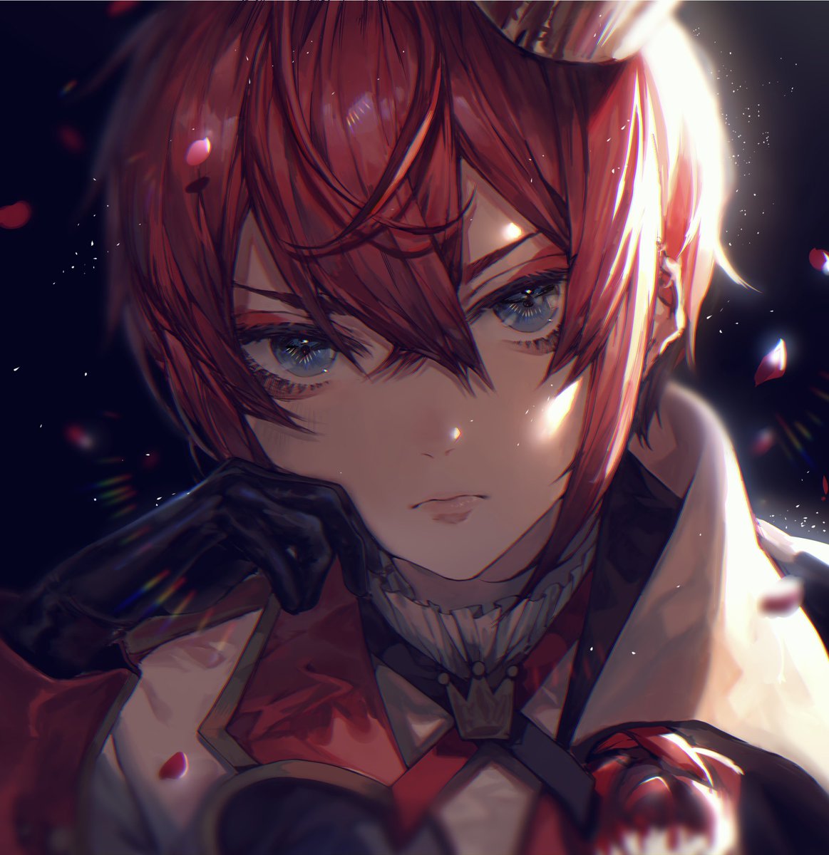 1boy male focus solo red hair blue eyes gloves crown  illustration images