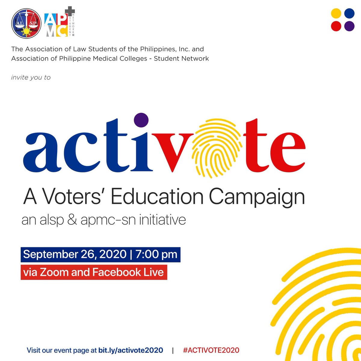 apmcsn's tweet photo. The Association of Law Students of the Philippines, Inc. and Association of Philippine Medical Colleges - Student Network invite you to 

ACTIVOTE: A Voters’ Educational Campaign

happening on Sept. 26, 2020, 7pm via Zoom and Facebook Live.

#ACTIVOTE2020 #IgniteAPMCSN #ALSPCares https://t.co/FH3DekIq0P